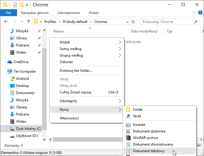 Создайте новый файл в подпапке Chrome