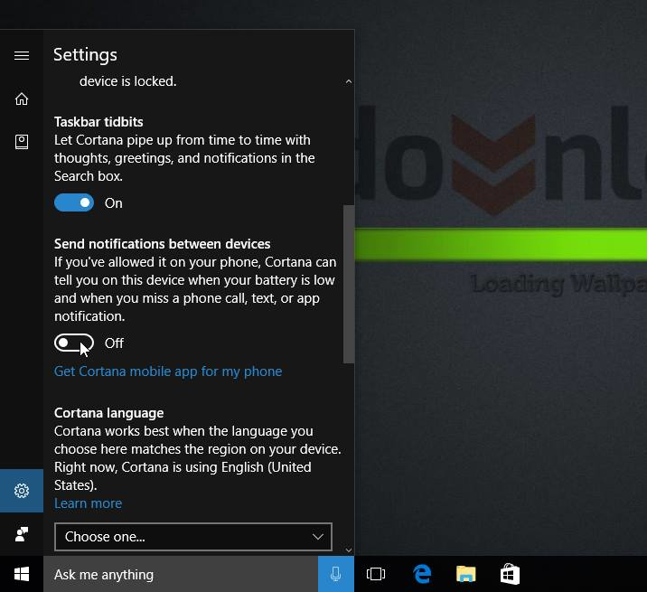 Настройки Cortana - активация уведомлений в Windows 10
