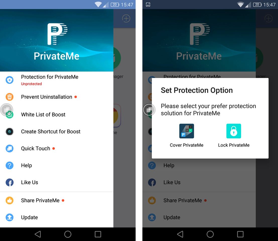 PrivateMe - включить защиту паролем