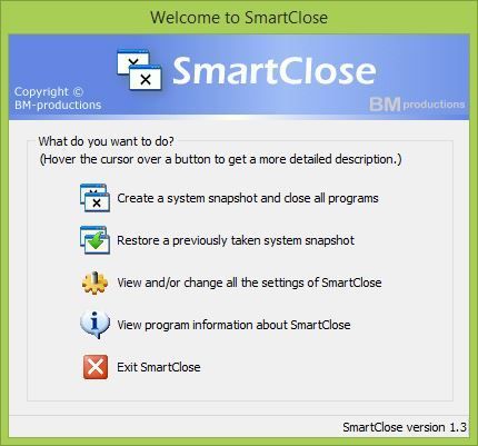SmartClose - главное окно программы