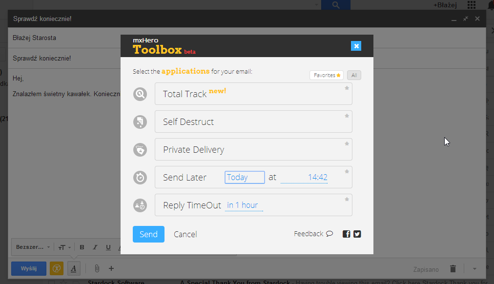mxHero Toolbox - выбор функций при создании электронной почты