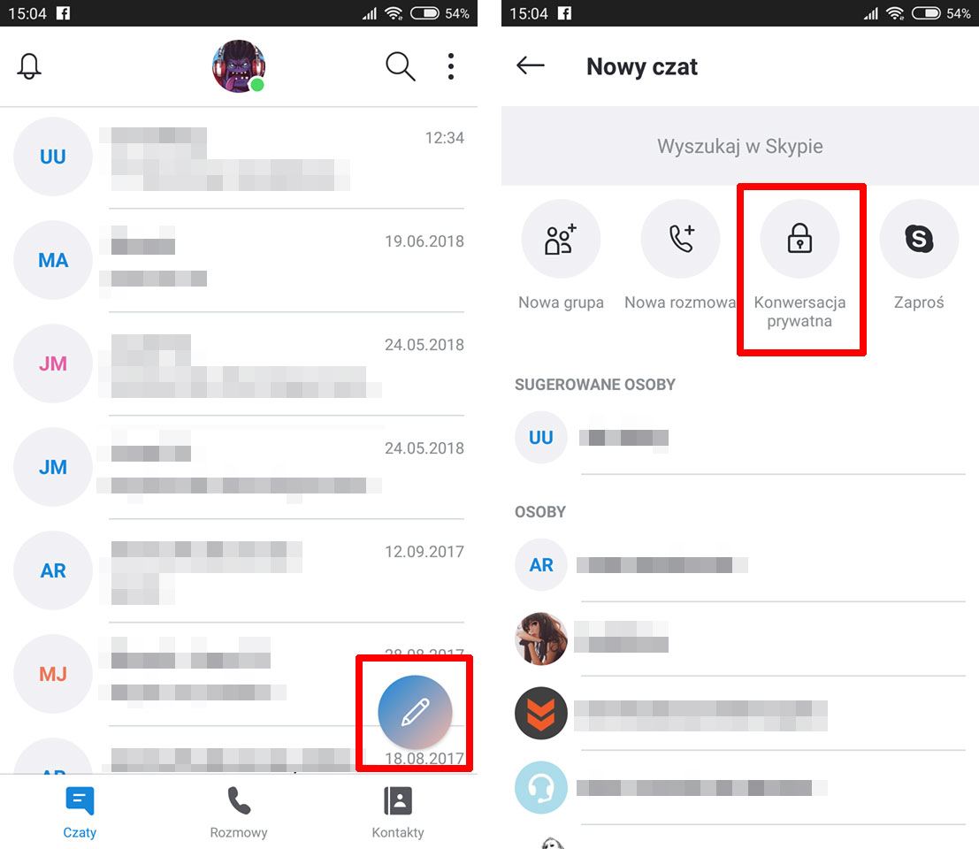 Создание нового частного разговора на Android в Skype