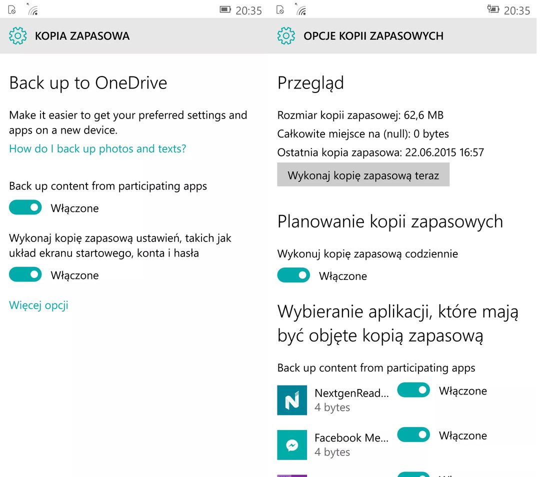 Параметры резервного копирования - OneDrive