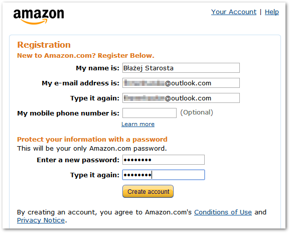 Amazon - регистрация аккаунта