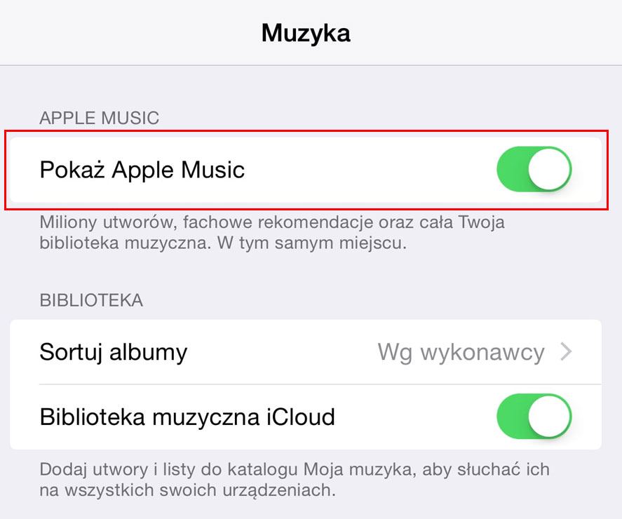 Включение / выключение Apple Music на iPhone
