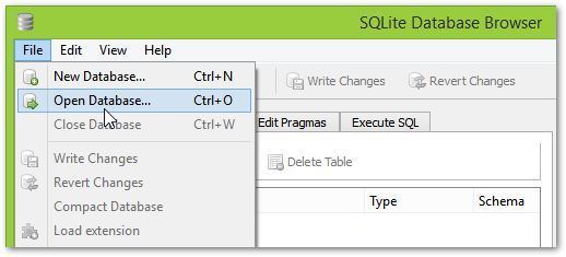Открыть файл базы данных в SQLite Database Manager