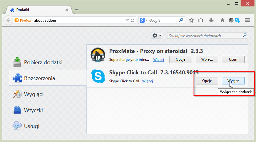 Отключение приложения Skype Click to Call в Firefox