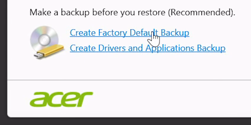 Acer - создание копии восстановления