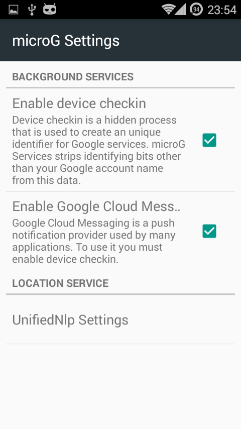 Активация служб в фоновом режиме в настройках microG
