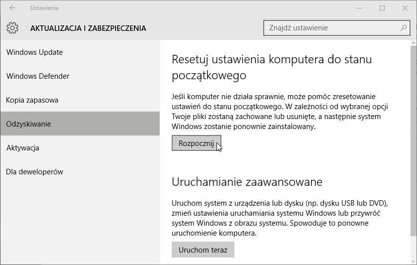 Параметры восстановления в Windows 10