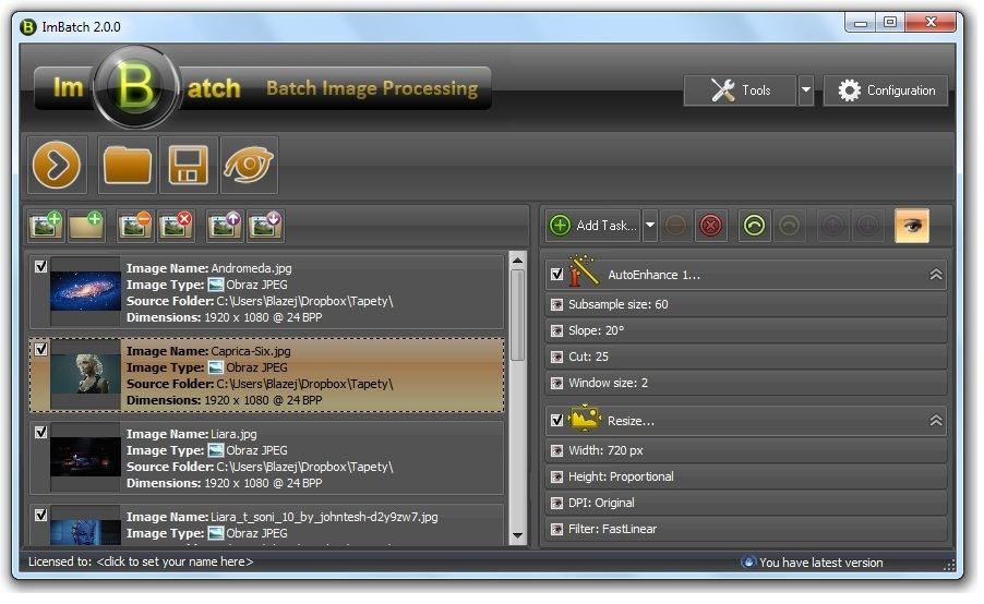 Окно ImBatch с добавленными фотографиями и задачами, которые необходимо выполнить