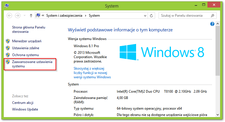 Свойства системы в Windows 8