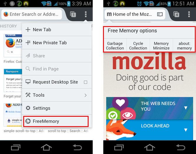 Бесплатная память на Android для Firefox