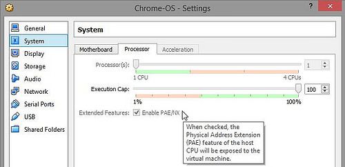 Настройки Chrome OS - PAE / NX