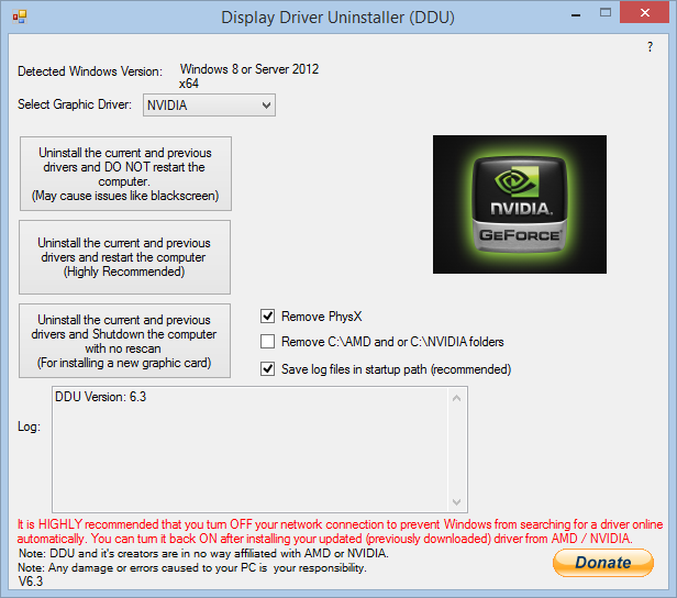 Удаление драйвера NVIDIA с использованием DDU