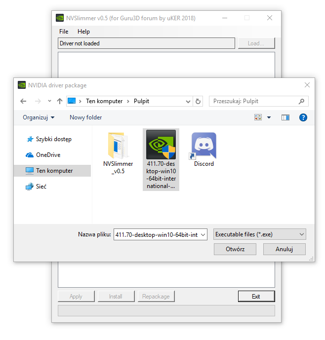 Укажите файл с помощью установщика драйверов NVIDIA