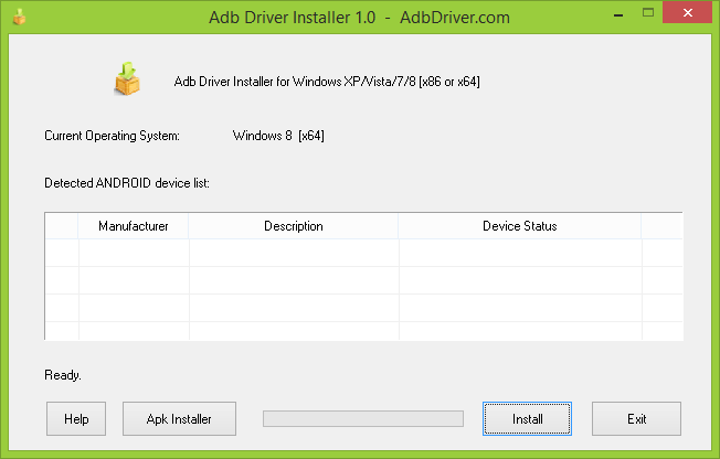 Adb Driver Installer - основной экран программы