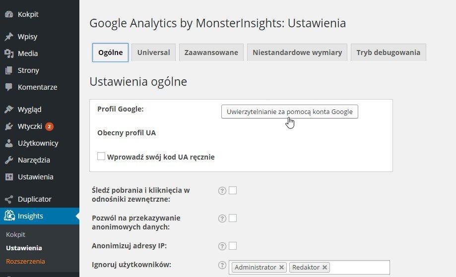 Аутентификация через учетную запись Google в подключаемом модуле Google Analytics