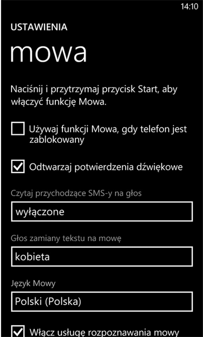 Настройки речи в Windows Phone