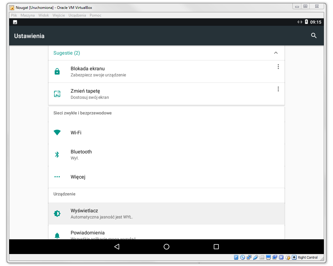 Android Nougat запущен в VirtualBox на польском языке