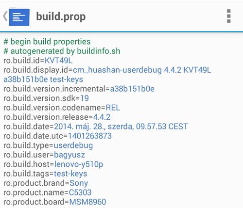 Предварительный просмотр документа build.prop в Xperia SP