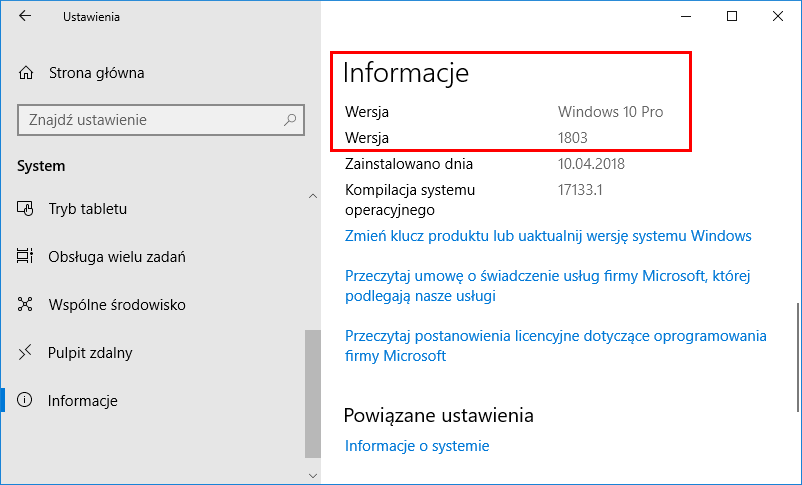 Обновлена ​​Windows 10 на польском языке для создания Spring Creators Build Build 1803