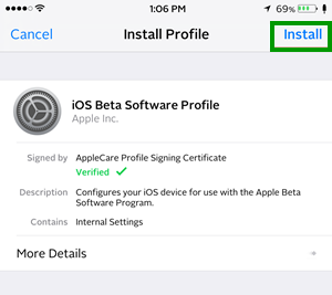 Установите профиль программного обеспечения iOS Beta