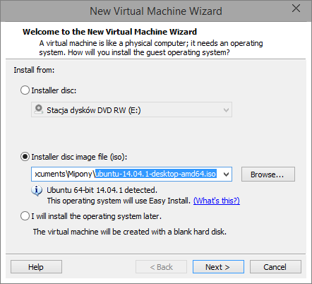 Отображение файла ISO с помощью установщика Ubuntu в VMware