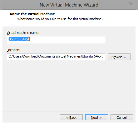 Выбор имени и местоположения виртуальной машины в VMware