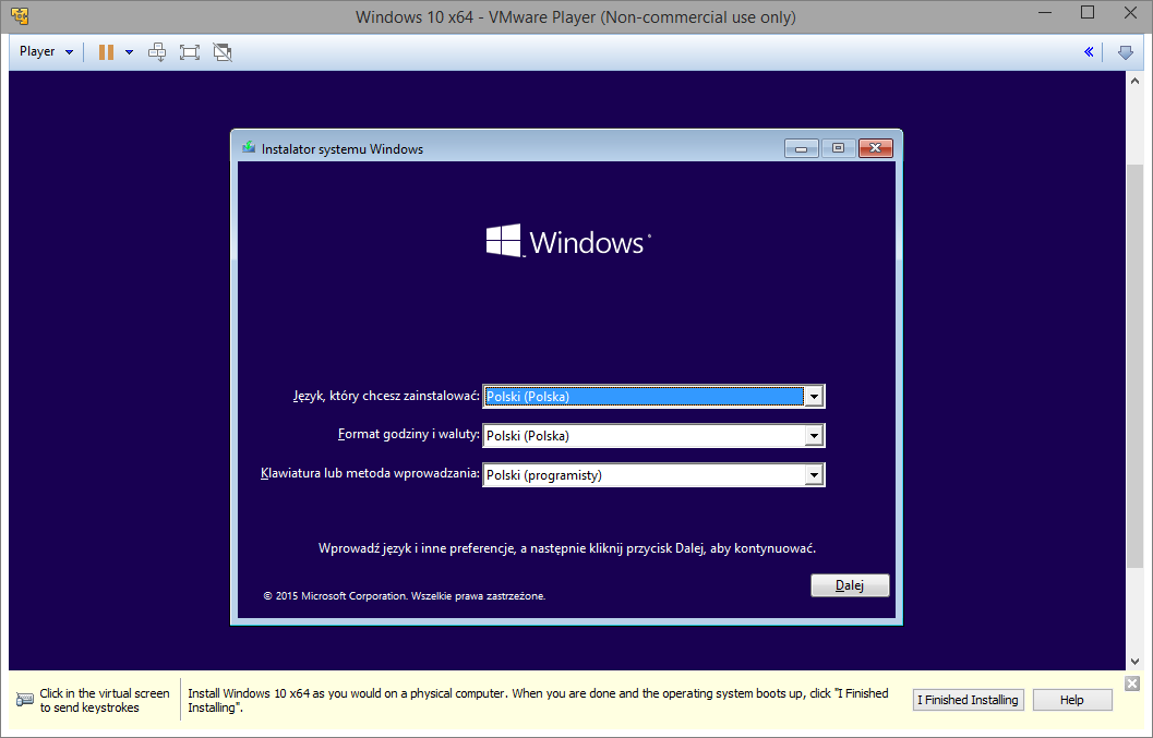 Запуск установки Windows 10 в VMWare