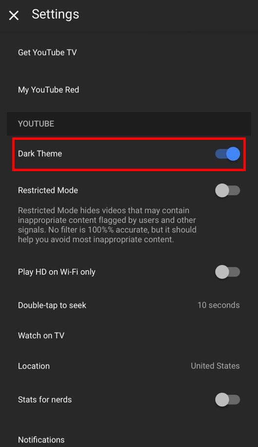 Включить темный режим в настройках YouTube