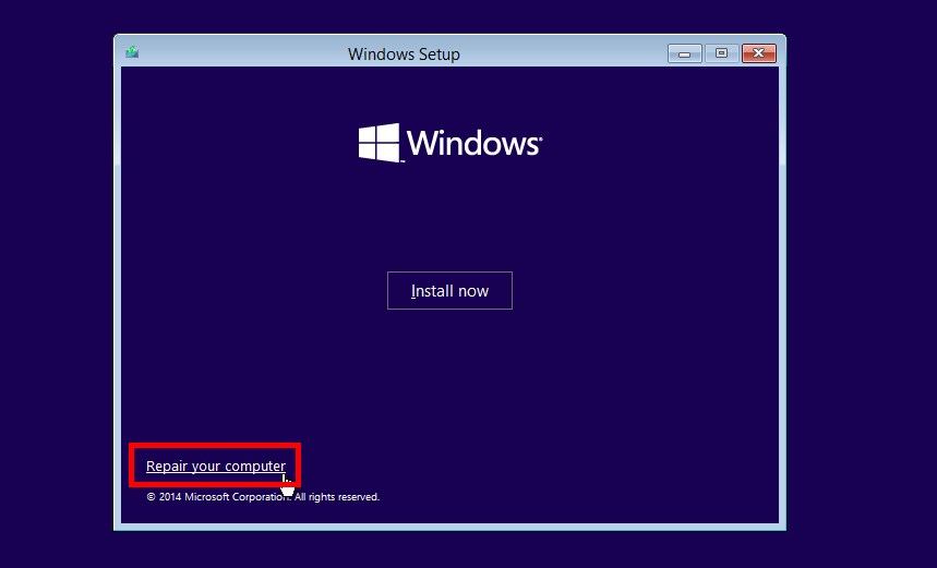 Выберите параметр восстановления компьютера в установщике Windows 10