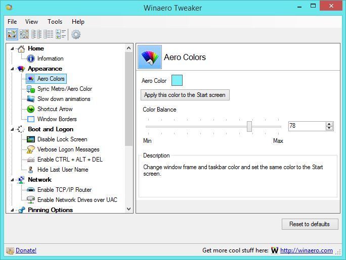 WinAero Tweaker - настройки цвета Aero