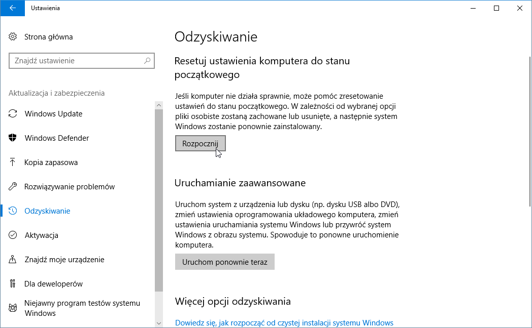 Восстановить настройки по умолчанию в Windows 10