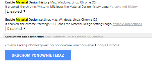 Chrome - отключить интерфейс Material Design в настройках и истории