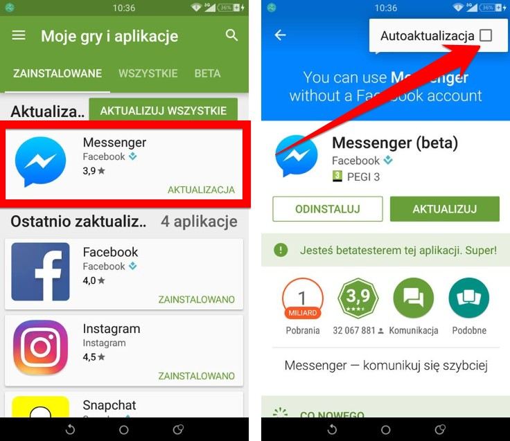 Play Store - отключение автоматического обновления Messenger