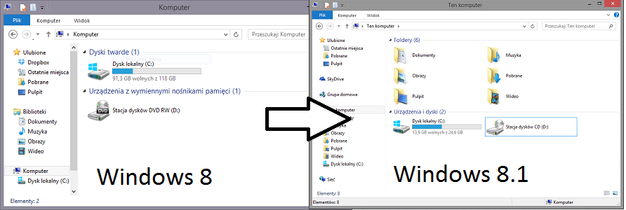 Изменения в представлении Windows 8.1 в окне «Компьютер»