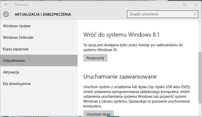 Параметры восстановления в Windows 10