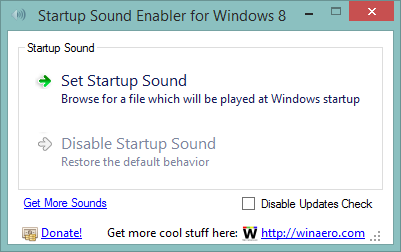 Окно приложения Startup Sound Enabler для Windows 8
