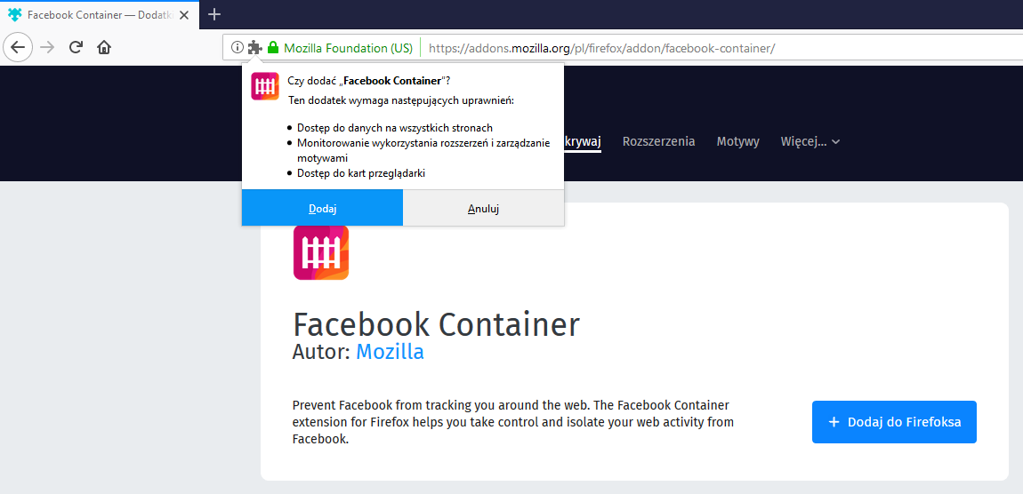 Установка Facebook Container