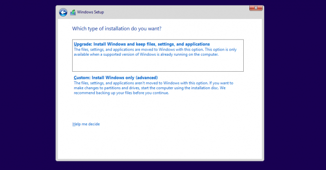 Выбор типа установки - обновление или выборочная установка в Windows 10