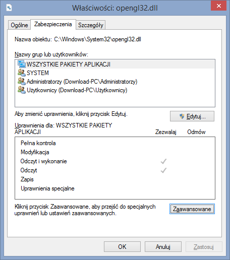 Свойства безопасности файла opengl32.dll