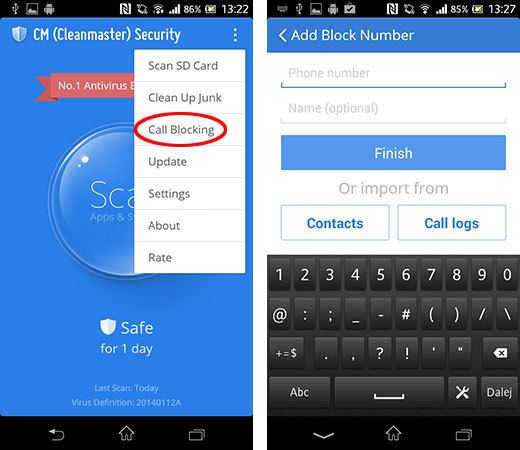 Блокировать разговоры в службе Cleanmaster Security
