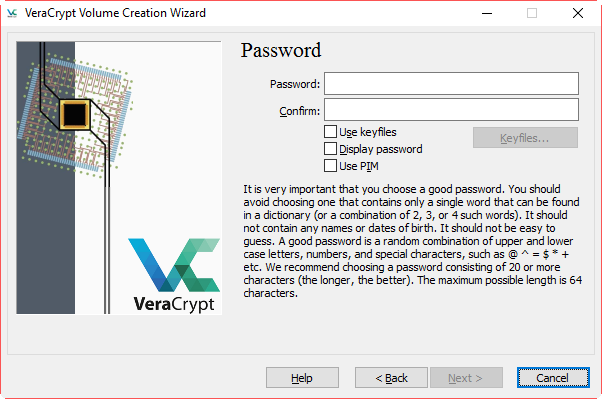 VeraCrypt - введите пароль для шифрования