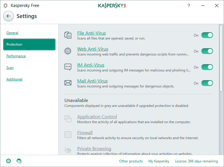 Антивирусные модули в Kaspersky Free