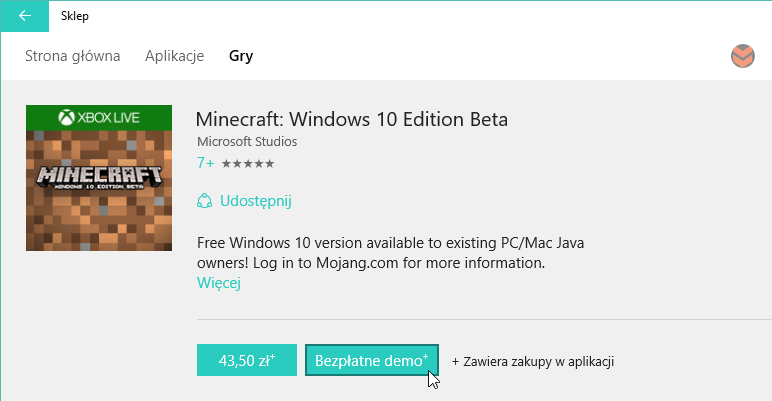 Minecraft в магазине Windows 10