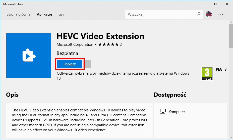 Загрузить расширение HEVC для Windows 10