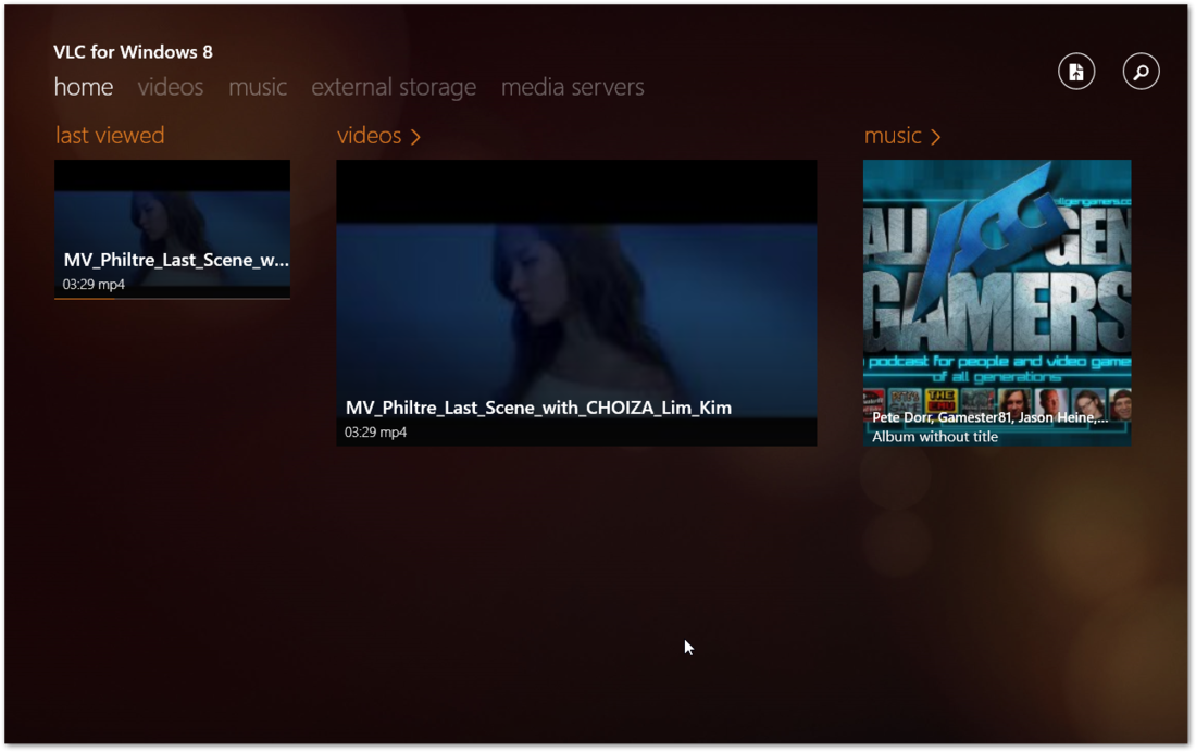 VLC для Windows 8 - главный экран