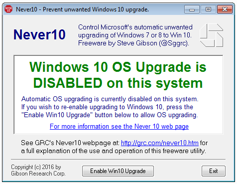 Never10 - окно программы с отключенными обновлениями