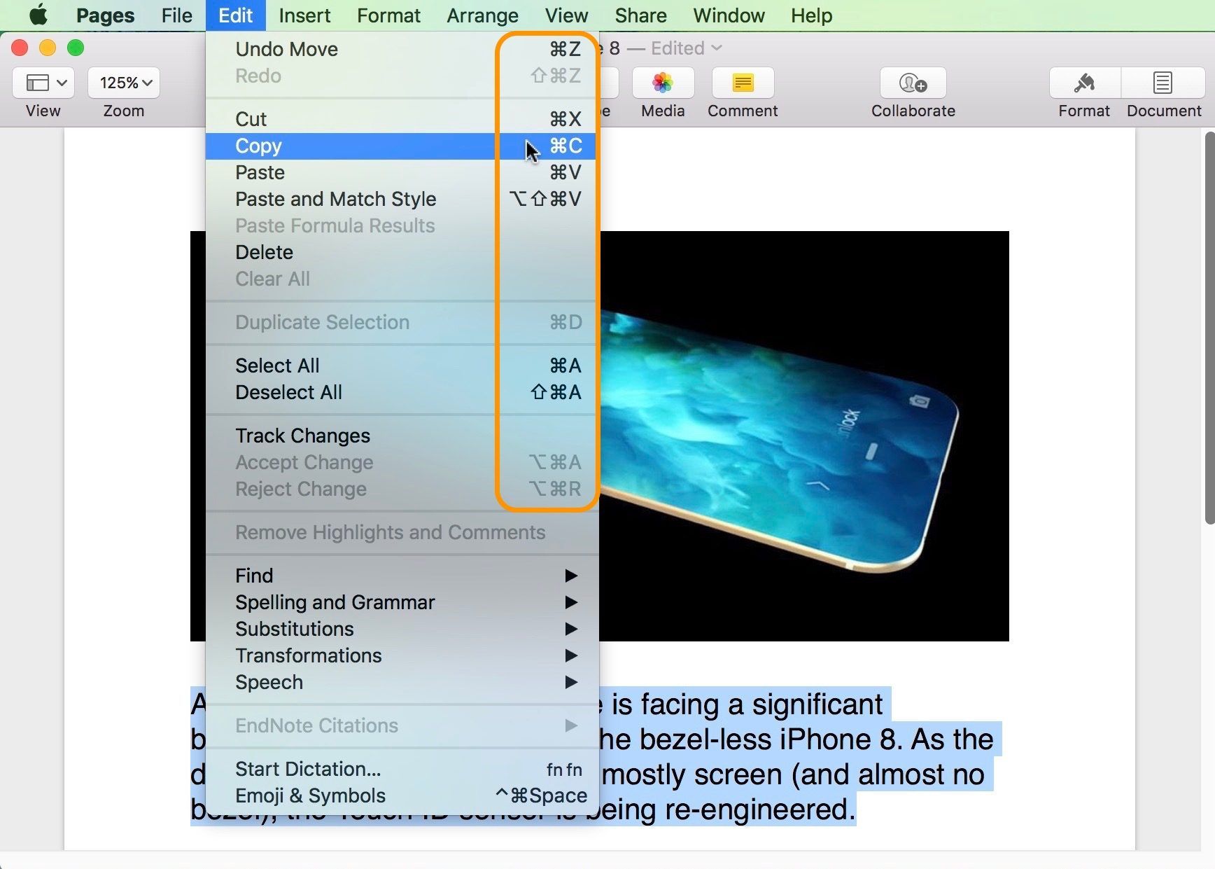 Изображение, показывающее сочетания клавиш в строке меню macOS под Edit